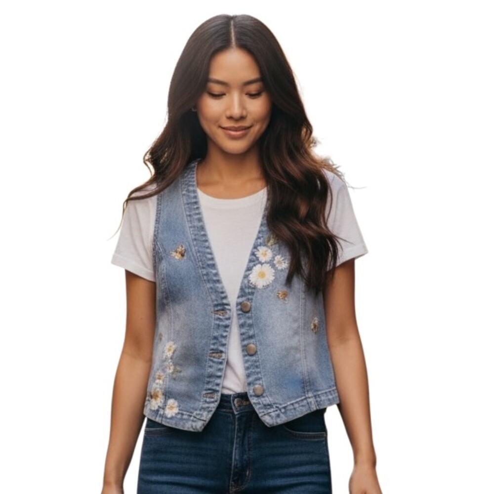 Driftwood Denim Floral Embroidered Vest Gilet Light Wash Blue Size XS